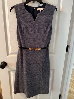 Tory Burch Textured Gray Sheath Dress with Black Belt and Gold Accent